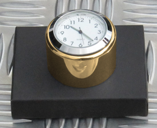British Made Solid Brass Triumph Bonneville® or Thruxton Billet Stem Nut Cover with White Clock