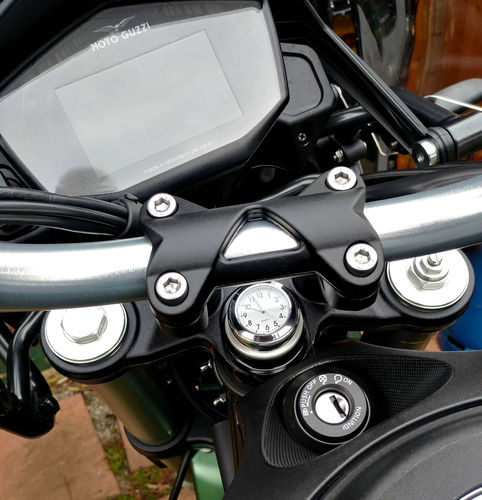British Made Moto Guzzi V85TT, V9 and V7 Stem Nut Cover with White Clock